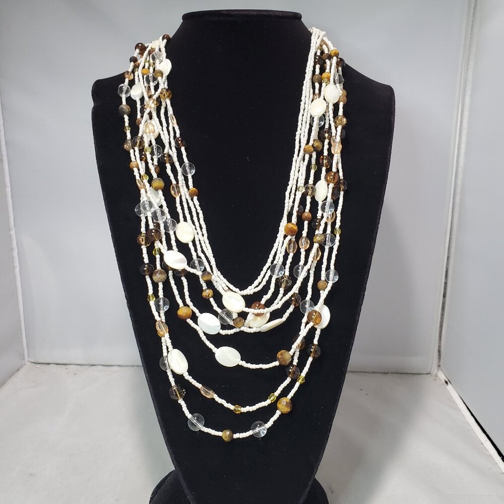 Banana Republic 9-Strand Crochet cream brown seed bead shell Necklace